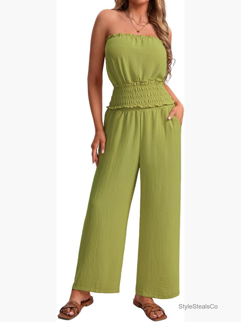 Women 2 Piece Sets Strapless Tube Top Wide Leg Pants Set Ruffle